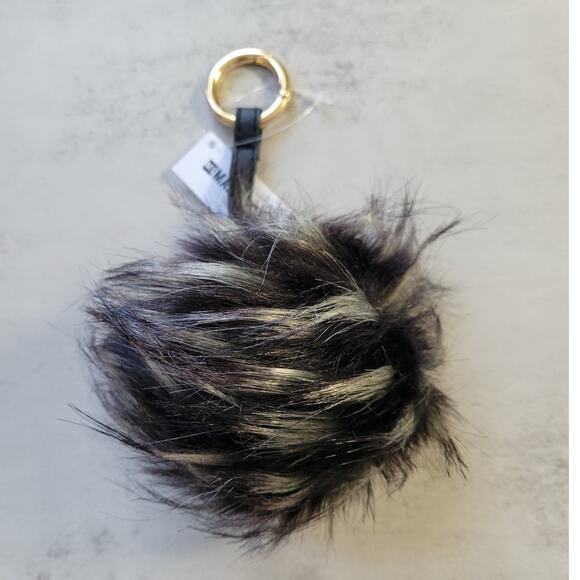 Black with White Tips Faux Fur Pom Pom Key Chain Keyring Bag Charm - Picture 1 of 4